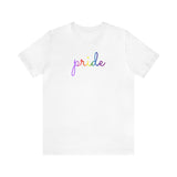 Gilbert Baker Pride Flag T-Shirt: Flowing Cursive 'Pride' in Gradient Hues