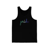 Gay Pride Tank-Top: Flowing Cursive 'Pride' in Gradient Hues