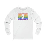 New Jersey Pride Flag Long Sleeve Tee: Rainbow LGBTQ+ State Silhouette Distressed Long Sleeve T-Shirt