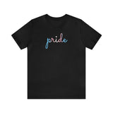 Transgender Pride T-Shirt: Flowing Cursive 'Pride' in Gradient Hues