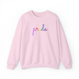Gilbert Baker Pride Flag Sweater: Flowing Cursive 'Pride' in Gradient Hues