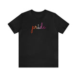 Lesbian Pride T-Shirt: Flowing Cursive 'Pride' in Gradient Hues