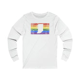 Indiana Pride Flag Long Sleeve Tee: Rainbow LGBTQ+ State Silhouette Distressed Long Sleeve T-Shirt