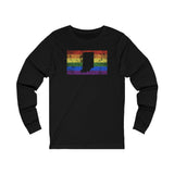 Indiana Pride Flag Long Sleeve Tee: Rainbow LGBTQ+ State Silhouette Distressed Long Sleeve T-Shirt