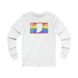 Indiana Pride Flag Long Sleeve Tee: Rainbow LGBTQ+ State Silhouette Distressed Long Sleeve T-Shirt