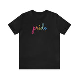 Pansexual Pride T-Shirt: Flowing Cursive 'Pride' in Gradient Hues