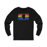 Illinois Pride Flag Long Sleeve Tee: Rainbow LGBTQ+ State Silhouette Distressed Long Sleeve T-Shirt
