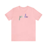 Gay Pride T-Shirt: Flowing Cursive 'Pride' in Gradient Hues