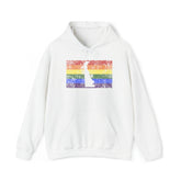 Delaware Pride Flag Hoodie: Rainbow LGBTQ+ State Silhouette Distressed Hooded Sweatshirt