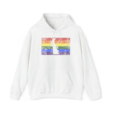 Delaware Pride Flag Hoodie: Rainbow LGBTQ+ State Silhouette Distressed Hooded Sweatshirt