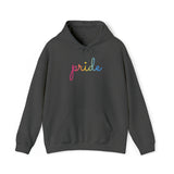 Pansexual Pride Hoodie: Flowing Cursive 'Pride' in Gradient Hues