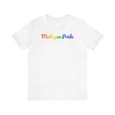 Michigan Pride T-Shirt: Flowing Cursive Design with LGBTQ+ Gradient