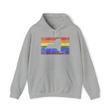New York Pride Flag Hoodie: Rainbow LGBTQ+ State Silhouette Distressed Hooded Sweatshirt