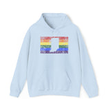 Indiana Pride Flag Hoodie: Rainbow LGBTQ+ State Silhouette Distressed Hooded Sweatshirt