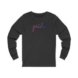 Bisexual Pride Long Sleeve T-Shirt: Flowing Cursive 'Pride' in Gradient Hues