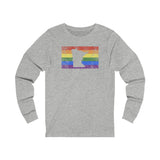 Minnesota Pride Flag Long Sleeve Tee: Rainbow LGBTQ+ State Silhouette Distressed Long Sleeve T-Shirt