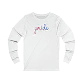 Bisexual Pride Long Sleeve T-Shirt: Flowing Cursive 'Pride' in Gradient Hues