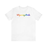 Wyoming Pride T-Shirt: Flowing Cursive Design with LGBTQ+ Gradient