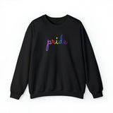 Gilbert Baker Pride Flag Sweater: Flowing Cursive 'Pride' in Gradient Hues