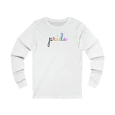 Philly Pride Flag Long Sleeve T-Shirt: Flowing Cursive 'Pride' in Gradient Hues