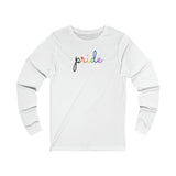 Philly Pride Flag Long Sleeve T-Shirt: Flowing Cursive 'Pride' in Gradient Hues