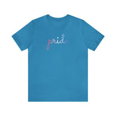 Bigender Pride T-Shirt: Flowing Cursive 'Pride' in Gradient Hues