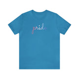 Bigender Pride T-Shirt: Flowing Cursive 'Pride' in Gradient Hues