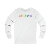 Colorado Pride Long Sleeve Tee: Flowing Cursive Design with LGBTQ+ Gradient