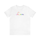 Rainbow Love Script Tee: Subtly Elegant Pride T-Shirt