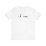 Rainbow Love Script Tee: Subtly Elegant Pride T-Shirt
