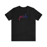 Bisexual Pride T-Shirt: Flowing Cursive 'Pride' in Gradient Hues