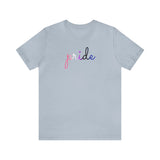 Genderfluid Pride T-Shirt: Flowing Cursive 'Pride' in Gradient Hues