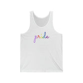 Gilbert Baker Pride Flag Tank-Top: Flowing Cursive 'Pride' in Gradient Hues