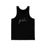 Gilbert Baker Pride Flag Tank-Top: Flowing Cursive 'Pride' in Gradient Hues