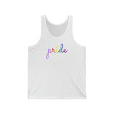 Gilbert Baker Pride Flag Tank-Top: Flowing Cursive 'Pride' in Gradient Hues