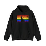 Idaho Pride Flag Hoodie: Rainbow LGBTQ+ State Silhouette Distressed Hooded Sweatshirt