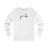 Polyamory Pride Long Sleeve T-Shirt: Flowing Cursive 'Pride' in Gradient Hues