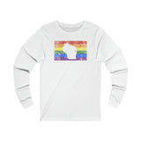 Wisconsin Pride Flag Long Sleeve Tee: Rainbow LGBTQ+ State Silhouette Distressed Long Sleeve T-Shirt