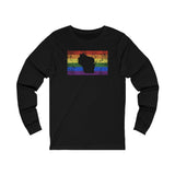 Wisconsin Pride Flag Long Sleeve Tee: Rainbow LGBTQ+ State Silhouette Distressed Long Sleeve T-Shirt