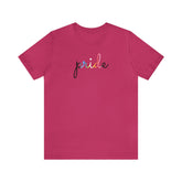Queer Pride T-Shirt: Flowing Cursive 'Pride' in Gradient Hues