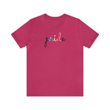Queer Pride T-Shirt: Flowing Cursive 'Pride' in Gradient Hues
