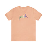Gay Pride T-Shirt: Flowing Cursive 'Pride' in Gradient Hues