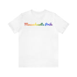 Massachusetts Pride T-Shirt: Flowing Cursive Design with LGBTQ+ Gradient