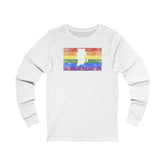 Rhode Island Pride Flag Long Sleeve Tee: Rainbow LGBTQ+ State Silhouette Distressed Long Sleeve T-Shirt
