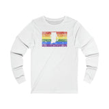 Rhode Island Pride Flag Long Sleeve Tee: Rainbow LGBTQ+ State Silhouette Distressed Long Sleeve T-Shirt