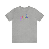 Gilbert Baker Pride Flag T-Shirt: Flowing Cursive 'Pride' in Gradient Hues