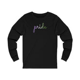 Genderqueer Pride Long Sleeve T-Shirt: Flowing Cursive 'Pride' in Gradient Hues