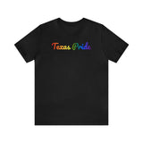 Texas Pride T-Shirt: Flowing Cursive Design with LGBTQ+ Gradient