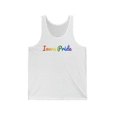 Iowa Pride Tank Top: Flowing Cursive Design with LGBTQ+ Gradient
