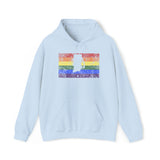 Rhode Island Pride Flag Hoodie: Rainbow LGBTQ+ State Silhouette Distressed Hooded Sweatshirt